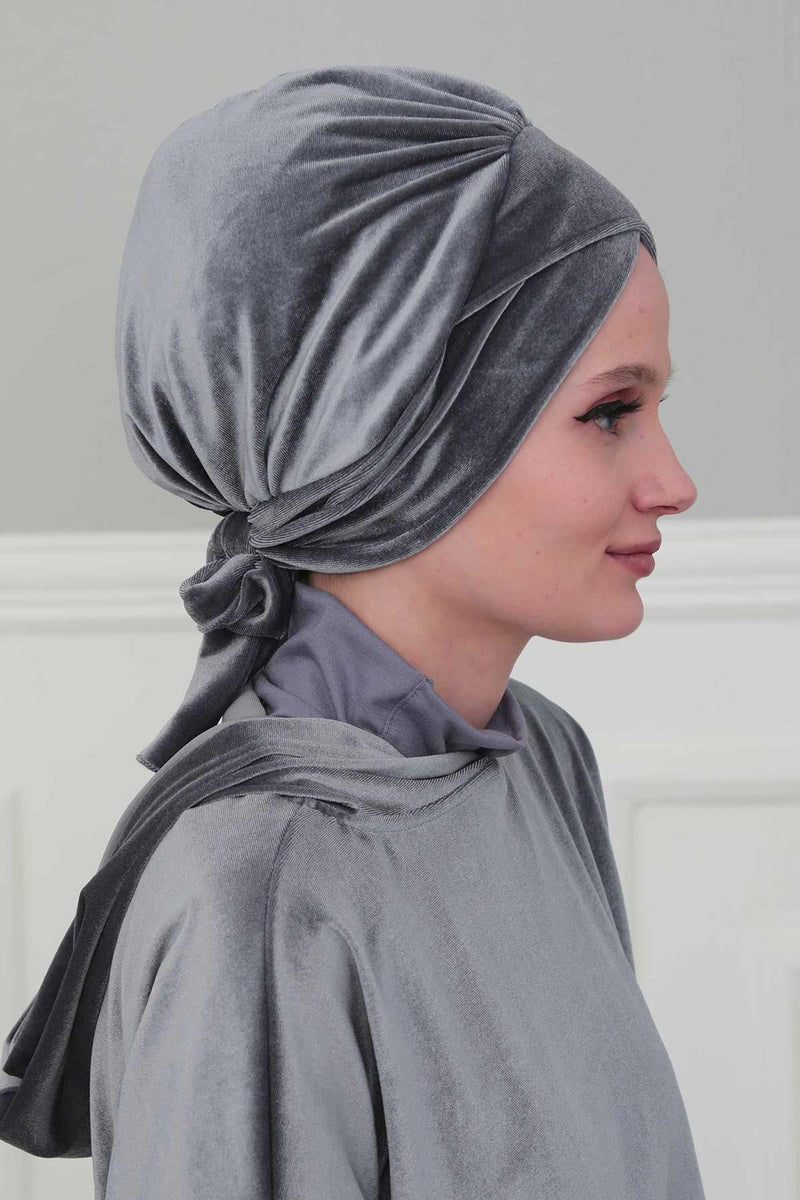 Velvet Instant Turban Cap with Long Tails at the Back Side, Lightweight Turban Head Cover for Women, Velvet Chemo Headwear Bonnet Cap,B-31K Navy Blue