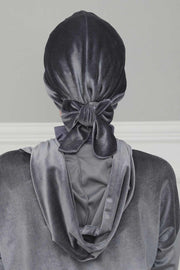 Velvet Instant Turban Cap with Long Tails at the Back Side, Lightweight Turban Head Cover for Women, Velvet Chemo Headwear Bonnet Cap,B-31K Navy Blue