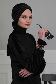 Velvet Instant Turban Cap with Long Tails at the Back Side, Lightweight Turban Head Cover for Women, Velvet Chemo Headwear Bonnet Cap,B-31K Navy Blue