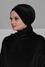 Velvet Instant Turban Cap with Long Tails at the Back Side, Lightweight Turban Head Cover for Women, Velvet Chemo Headwear Bonnet Cap,B-31K Navy Blue