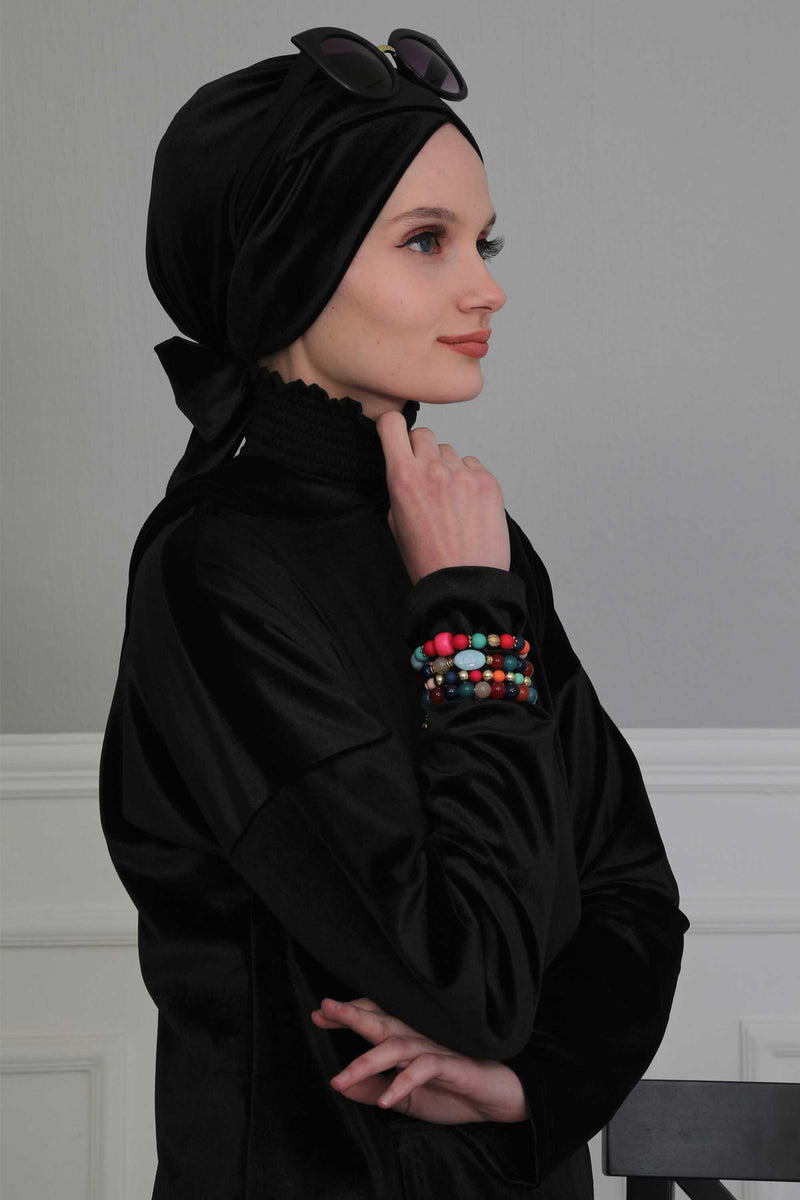 Velvet Instant Turban Cap with Long Tails at the Back Side, Lightweight Turban Head Cover for Women, Velvet Chemo Headwear Bonnet Cap,B-31K Navy Blue