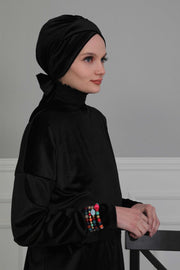 Velvet Instant Turban Cap with Long Tails at the Back Side, Lightweight Turban Head Cover for Women, Velvet Chemo Headwear Bonnet Cap,B-31K Navy Blue