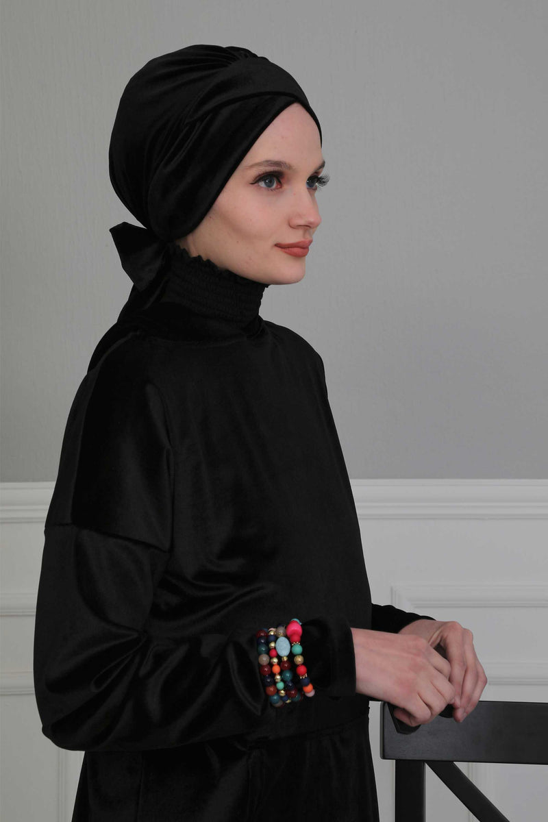 Velvet Instant Turban Cap with Long Tails at the Back Side, Lightweight Turban Head Cover for Women, Velvet Chemo Headwear Bonnet Cap,B-31K Navy Blue