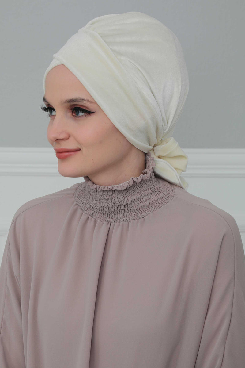 Velvet Instant Turban Cap with Long Tails at the Back Side, Lightweight Turban Head Cover for Women, Velvet Chemo Headwear Bonnet Cap,B-31K Ivory