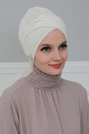 Velvet Instant Turban Cap with Long Tails at the Back Side, Lightweight Turban Head Cover for Women, Velvet Chemo Headwear Bonnet Cap,B-31K Ivory