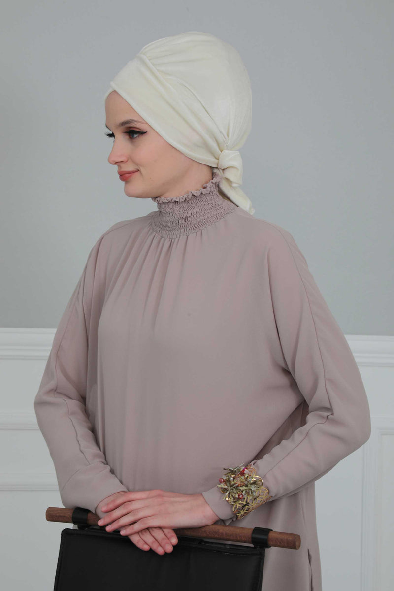 Velvet Instant Turban Cap with Long Tails at the Back Side, Lightweight Turban Head Cover for Women, Velvet Chemo Headwear Bonnet Cap,B-31K Ivory