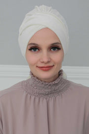 Velvet Instant Turban Cap with Long Tails at the Back Side, Lightweight Turban Head Cover for Women, Velvet Chemo Headwear Bonnet Cap,B-31K Ivory