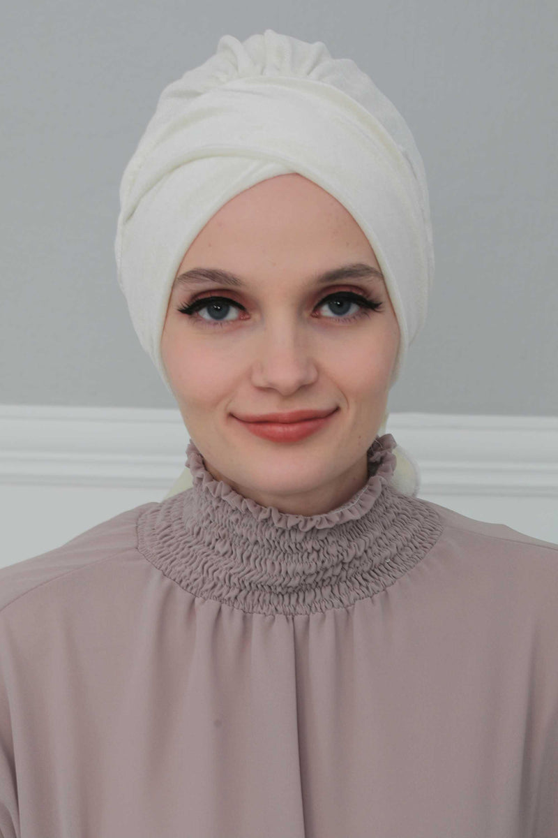 Velvet Instant Turban Cap with Long Tails at the Back Side, Lightweight Turban Head Cover for Women, Velvet Chemo Headwear Bonnet Cap,B-31K Ivory