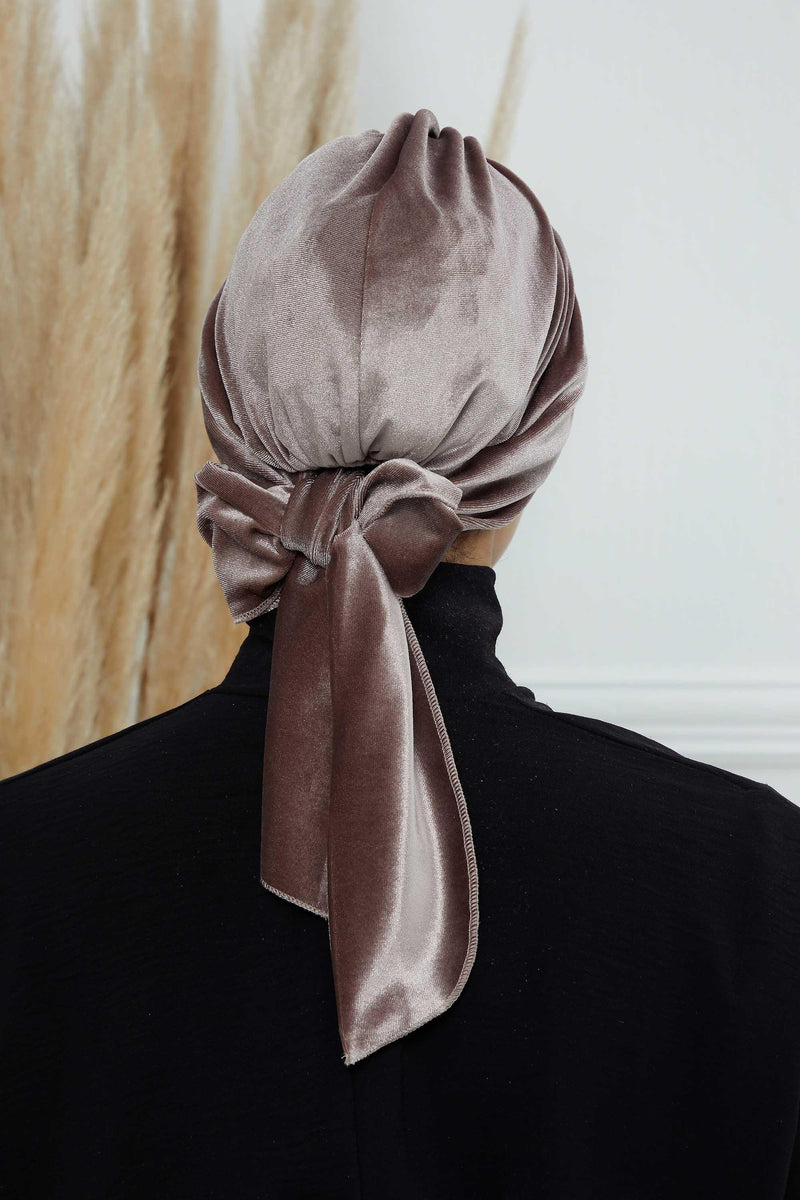 Velvet Instant Turban Cap with Long Tails at the Back Side, Lightweight Turban Head Cover for Women, Velvet Chemo Headwear Bonnet Cap,B-31K Mink
