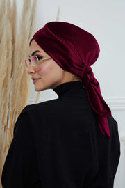 Velvet Instant Turban Cap with Long Tails at the Back Side, Lightweight Turban Head Cover for Women, Velvet Chemo Headwear Bonnet Cap,B-31K Maroon