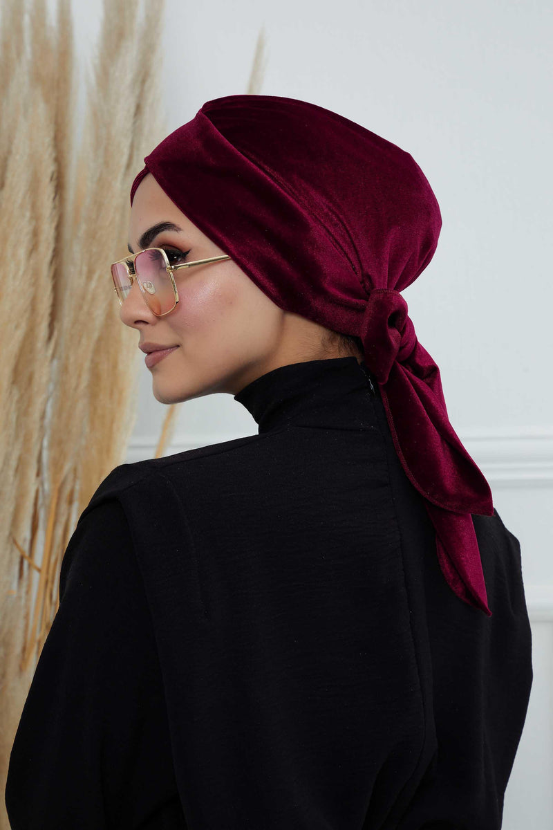 Velvet Instant Turban Cap with Long Tails at the Back Side, Lightweight Turban Head Cover for Women, Velvet Chemo Headwear Bonnet Cap,B-31K Maroon