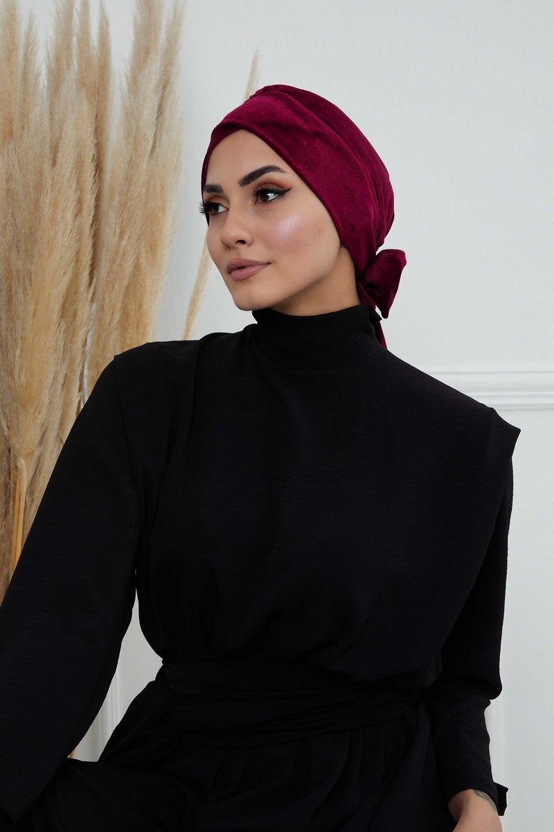 Velvet Instant Turban Cap with Long Tails at the Back Side, Lightweight Turban Head Cover for Women, Velvet Chemo Headwear Bonnet Cap,B-31K Maroon