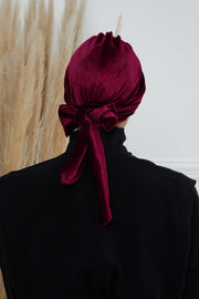 Velvet Instant Turban Cap with Long Tails at the Back Side, Lightweight Turban Head Cover for Women, Velvet Chemo Headwear Bonnet Cap,B-31K Maroon