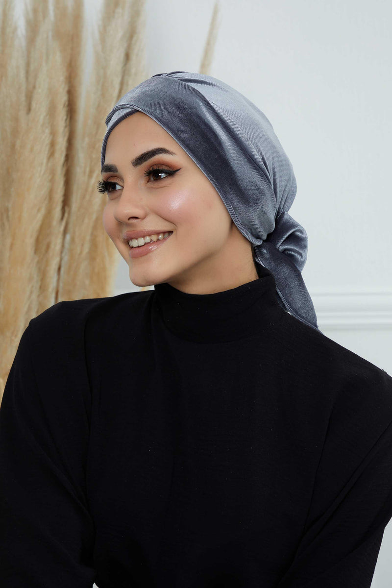 Velvet Instant Turban Cap with Long Tails at the Back Side, Lightweight Turban Head Cover for Women, Velvet Chemo Headwear Bonnet Cap,B-31K Grey