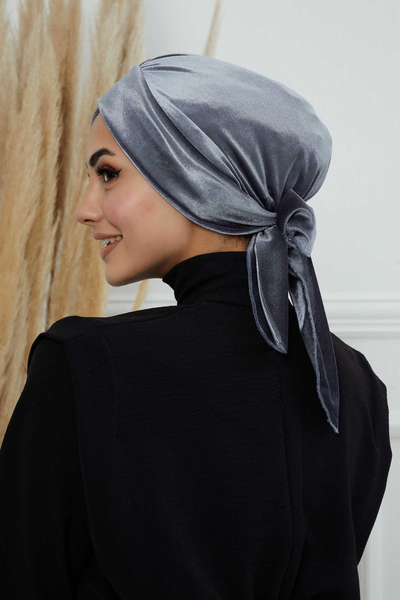 Velvet Instant Turban Cap with Long Tails at the Back Side, Lightweight Turban Head Cover for Women, Velvet Chemo Headwear Bonnet Cap,B-31K Grey