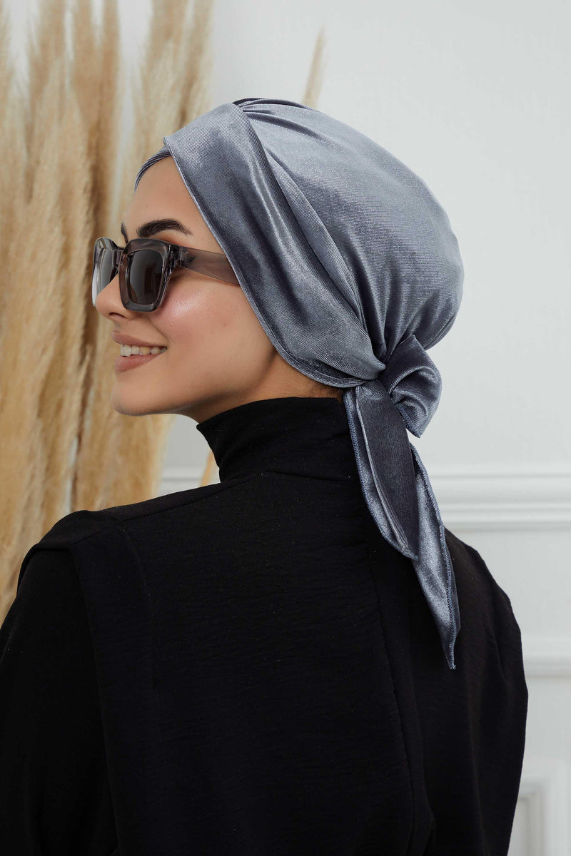 Velvet Instant Turban Cap with Long Tails at the Back Side, Lightweight Turban Head Cover for Women, Velvet Chemo Headwear Bonnet Cap,B-31K Grey