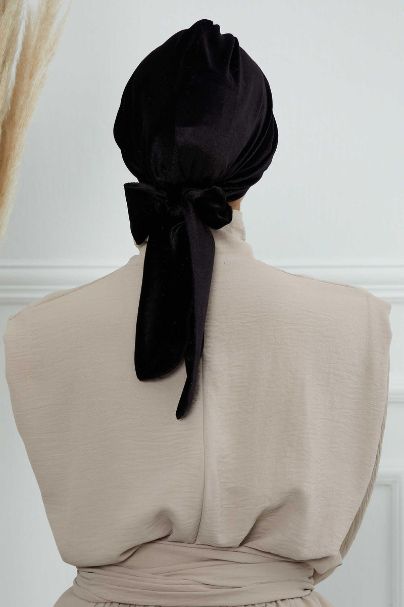 Velvet Instant Turban Cap with Long Tails at the Back Side, Lightweight Turban Head Cover for Women, Velvet Chemo Headwear Bonnet Cap,B-31K Black
