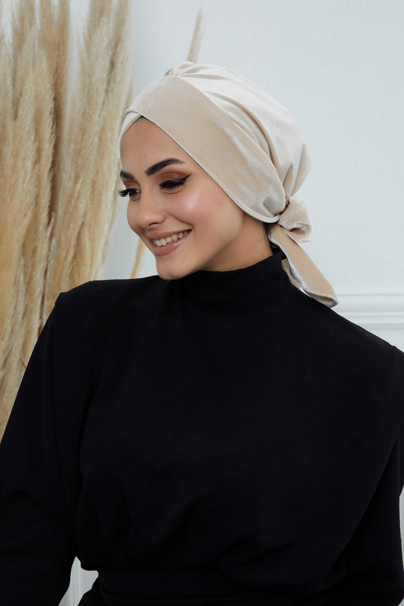 Velvet Instant Turban Cap with Long Tails at the Back Side, Lightweight Turban Head Cover for Women, Velvet Chemo Headwear Bonnet Cap,B-31K Beige