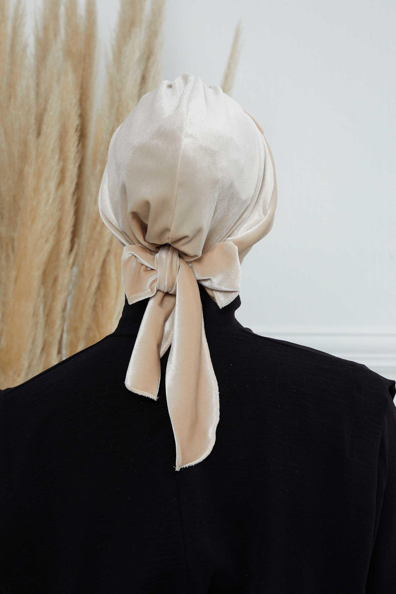 Velvet Instant Turban Cap with Long Tails at the Back Side, Lightweight Turban Head Cover for Women, Velvet Chemo Headwear Bonnet Cap,B-31K Beige