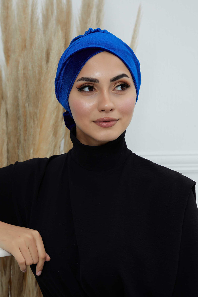 Velvet Instant Turban Cap with Long Tails at the Back Side, Lightweight Turban Head Cover for Women, Velvet Chemo Headwear Bonnet Cap,B-31K Sax Blue