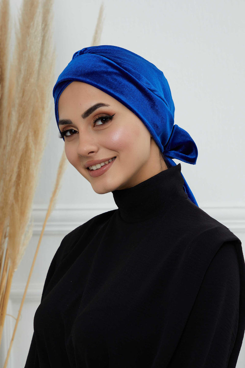 Velvet Instant Turban Cap with Long Tails at the Back Side, Lightweight Turban Head Cover for Women, Velvet Chemo Headwear Bonnet Cap,B-31K Sax Blue