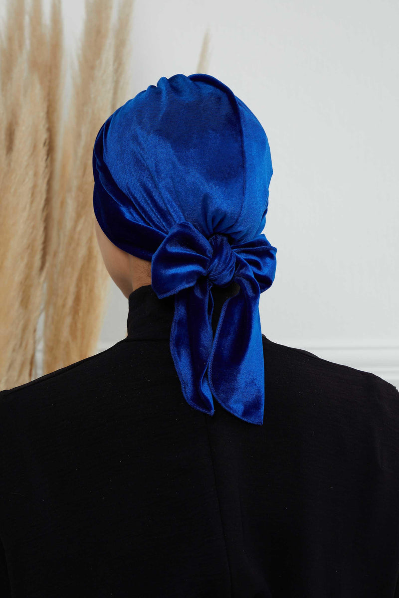 Velvet Instant Turban Cap with Long Tails at the Back Side, Lightweight Turban Head Cover for Women, Velvet Chemo Headwear Bonnet Cap,B-31K Sax Blue
