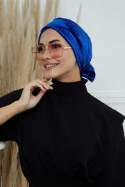 Velvet Instant Turban Cap with Long Tails at the Back Side, Lightweight Turban Head Cover for Women, Velvet Chemo Headwear Bonnet Cap,B-31K Sax Blue