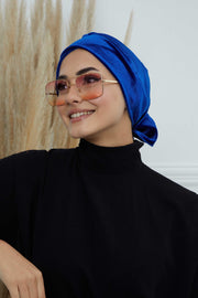 Velvet Instant Turban Cap with Long Tails at the Back Side, Lightweight Turban Head Cover for Women, Velvet Chemo Headwear Bonnet Cap,B-31K Sax Blue