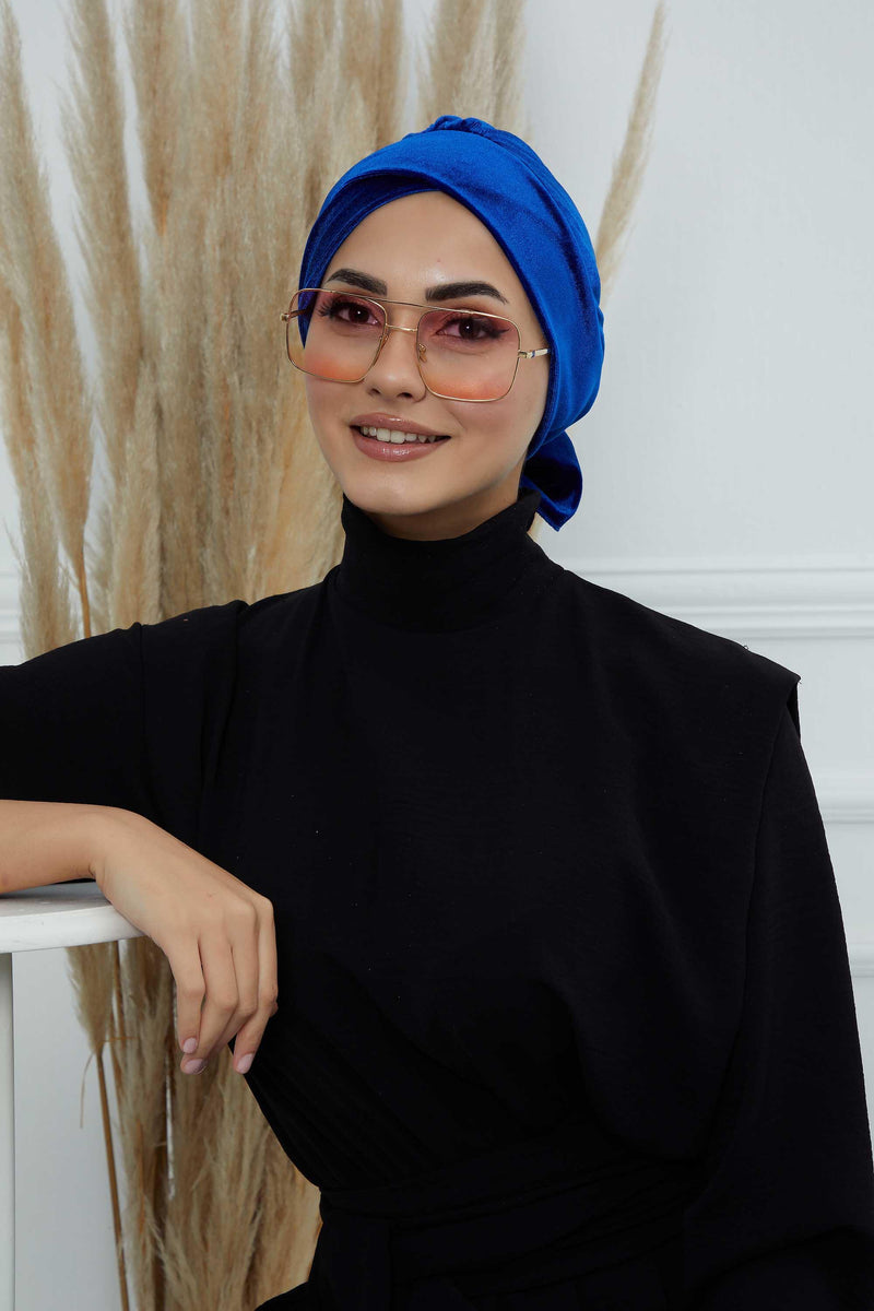 Velvet Instant Turban Cap with Long Tails at the Back Side, Lightweight Turban Head Cover for Women, Velvet Chemo Headwear Bonnet Cap,B-31K Sax Blue