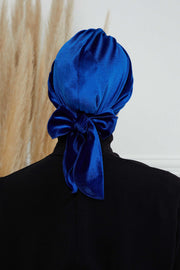Velvet Instant Turban Cap with Long Tails at the Back Side, Lightweight Turban Head Cover for Women, Velvet Chemo Headwear Bonnet Cap,B-31K Sax Blue