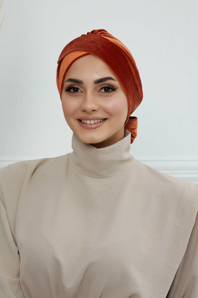 Velvet Instant Turban Cap with Long Tails at the Back Side, Lightweight Turban Head Cover for Women, Velvet Chemo Headwear Bonnet Cap,B-31K Tile Red