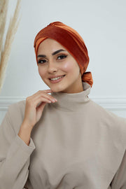 Velvet Instant Turban Cap with Long Tails at the Back Side, Lightweight Turban Head Cover for Women, Velvet Chemo Headwear Bonnet Cap,B-31K Tile Red