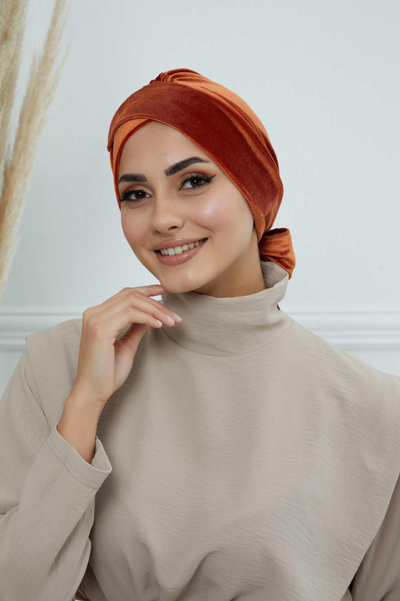 Velvet Instant Turban Cap with Long Tails at the Back Side, Lightweight Turban Head Cover for Women, Velvet Chemo Headwear Bonnet Cap,B-31K Tile Red