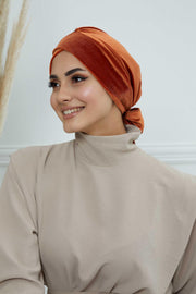 Velvet Instant Turban Cap with Long Tails at the Back Side, Lightweight Turban Head Cover for Women, Velvet Chemo Headwear Bonnet Cap,B-31K Tile Red