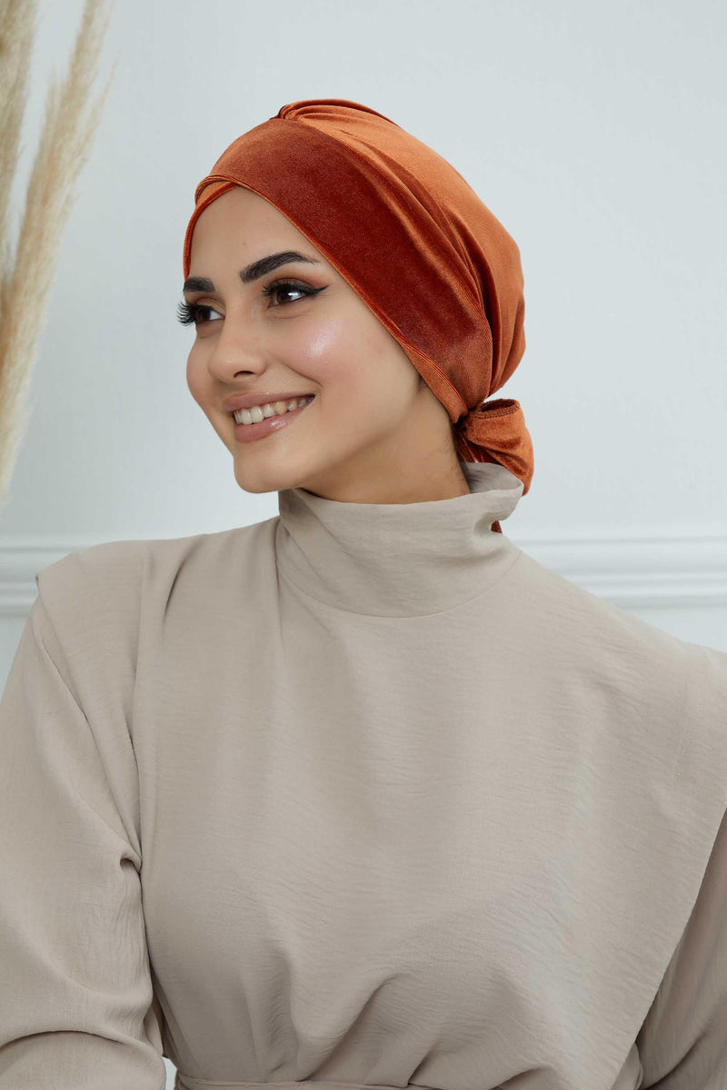 Velvet Instant Turban Cap with Long Tails at the Back Side, Lightweight Turban Head Cover for Women, Velvet Chemo Headwear Bonnet Cap,B-31K Tile Red