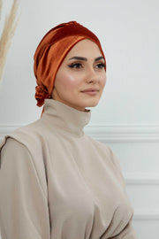 Velvet Instant Turban Cap with Long Tails at the Back Side, Lightweight Turban Head Cover for Women, Velvet Chemo Headwear Bonnet Cap,B-31K Tile Red