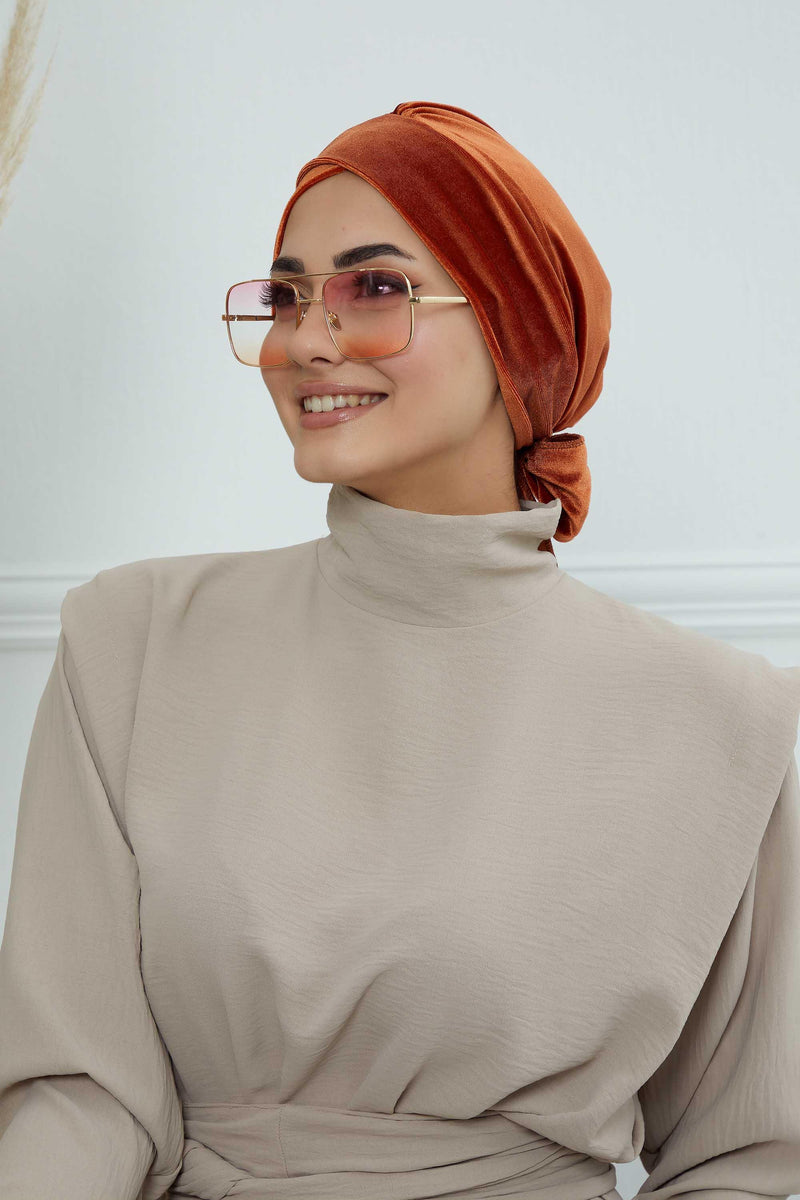 Velvet Instant Turban Cap with Long Tails at the Back Side, Lightweight Turban Head Cover for Women, Velvet Chemo Headwear Bonnet Cap,B-31K Tile Red