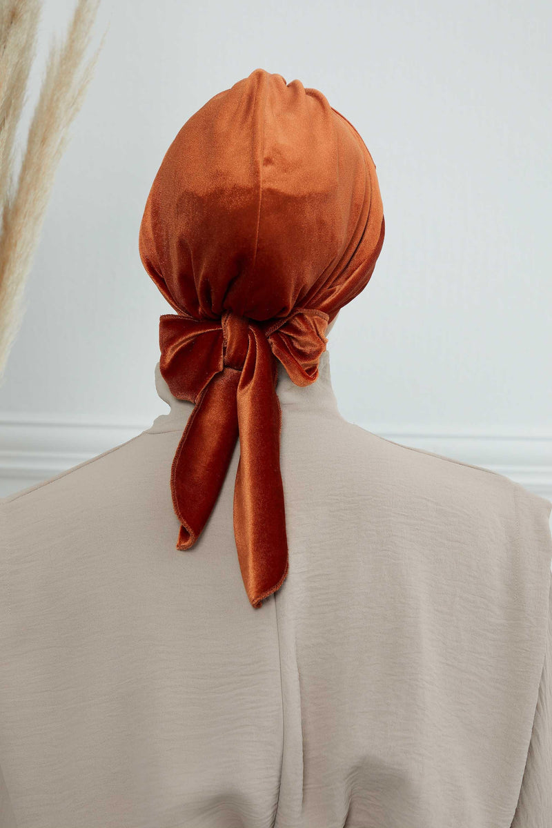 Velvet Instant Turban Cap with Long Tails at the Back Side, Lightweight Turban Head Cover for Women, Velvet Chemo Headwear Bonnet Cap,B-31K Tile Red