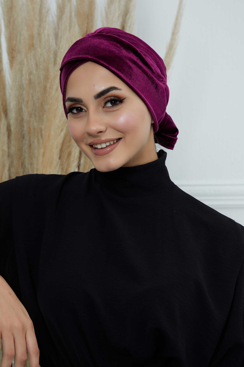 Velvet Instant Turban Cap with Long Tails at the Back Side, Lightweight Turban Head Cover for Women, Velvet Chemo Headwear Bonnet Cap,B-31K Purple