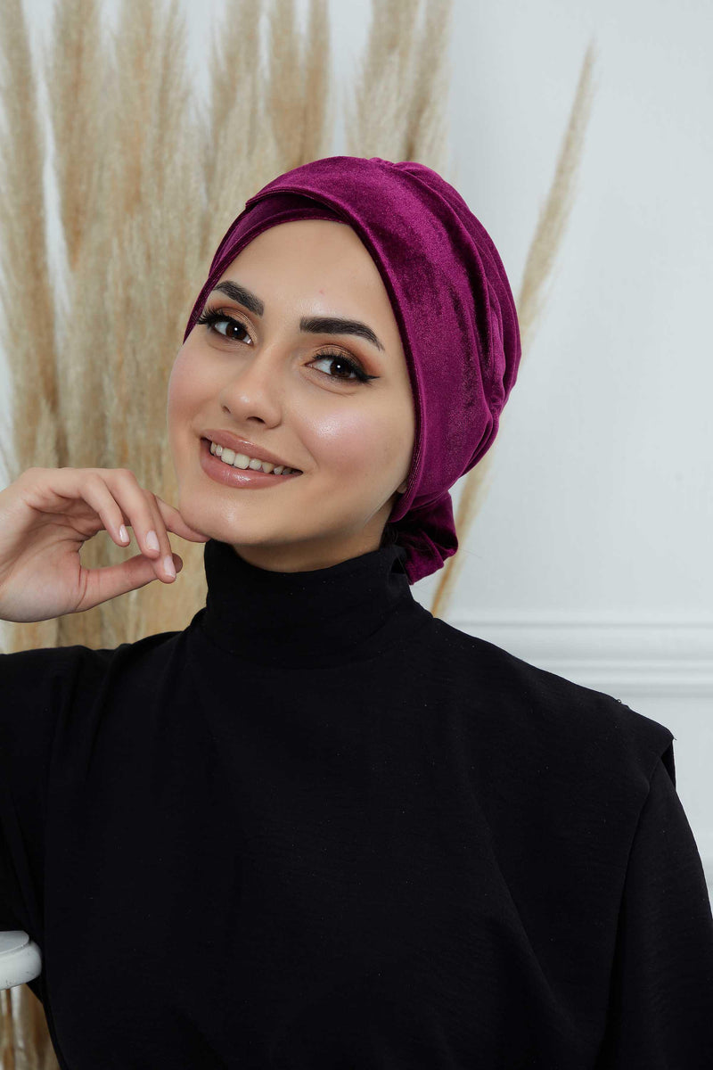Velvet Instant Turban Cap with Long Tails at the Back Side, Lightweight Turban Head Cover for Women, Velvet Chemo Headwear Bonnet Cap,B-31K Purple