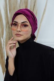 Velvet Instant Turban Cap with Long Tails at the Back Side, Lightweight Turban Head Cover for Women, Velvet Chemo Headwear Bonnet Cap,B-31K Purple