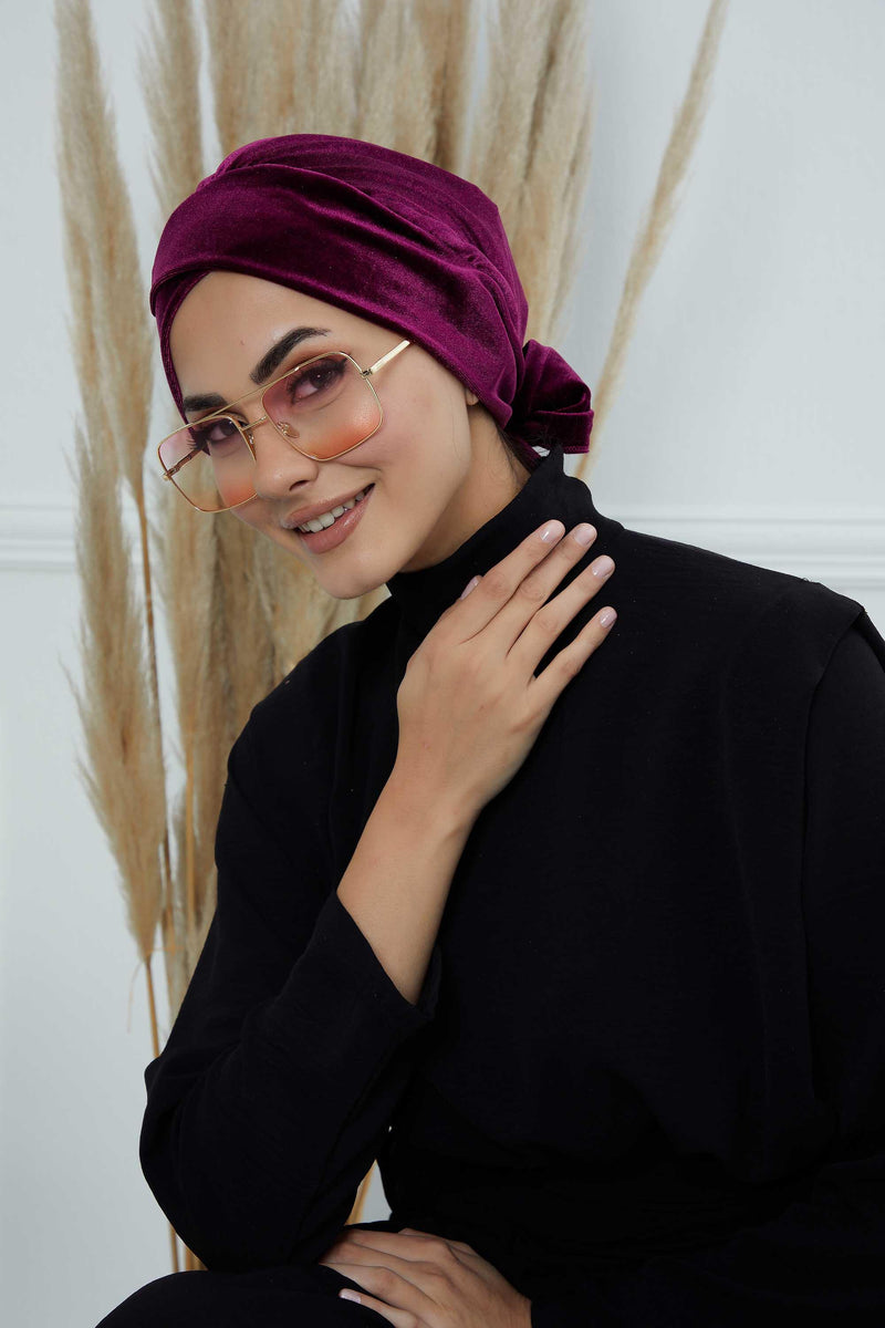 Velvet Instant Turban Cap with Long Tails at the Back Side, Lightweight Turban Head Cover for Women, Velvet Chemo Headwear Bonnet Cap,B-31K Purple