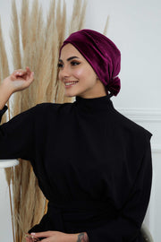 Velvet Instant Turban Cap with Long Tails at the Back Side, Lightweight Turban Head Cover for Women, Velvet Chemo Headwear Bonnet Cap,B-31K Purple