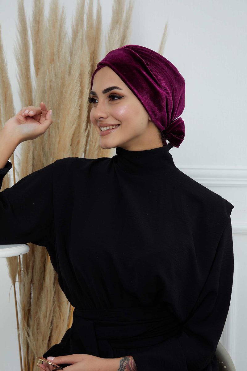 Velvet Instant Turban Cap with Long Tails at the Back Side, Lightweight Turban Head Cover for Women, Velvet Chemo Headwear Bonnet Cap,B-31K Purple