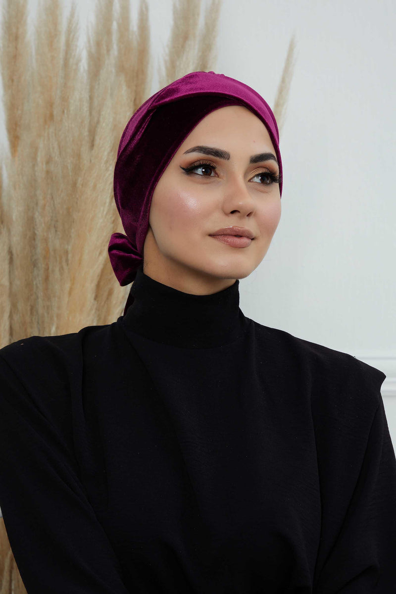 Velvet Instant Turban Cap with Long Tails at the Back Side, Lightweight Turban Head Cover for Women, Velvet Chemo Headwear Bonnet Cap,B-31K Purple