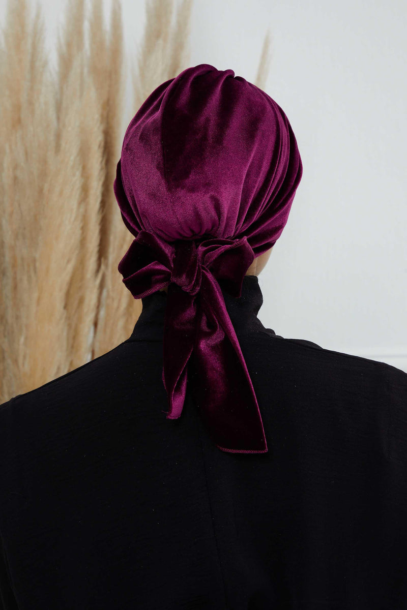 Velvet Instant Turban Cap with Long Tails at the Back Side, Lightweight Turban Head Cover for Women, Velvet Chemo Headwear Bonnet Cap,B-31K Purple