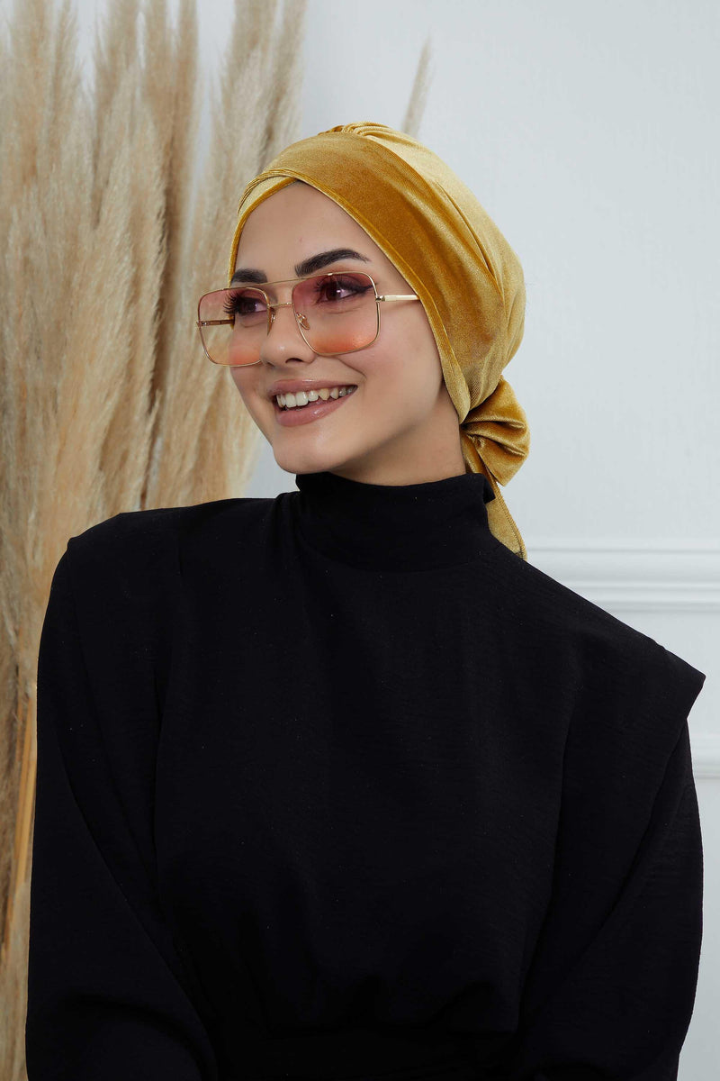 Velvet Instant Turban Cap with Long Tails at the Back Side, Lightweight Turban Head Cover for Women, Velvet Chemo Headwear Bonnet Cap,B-31K Mustard Yellow