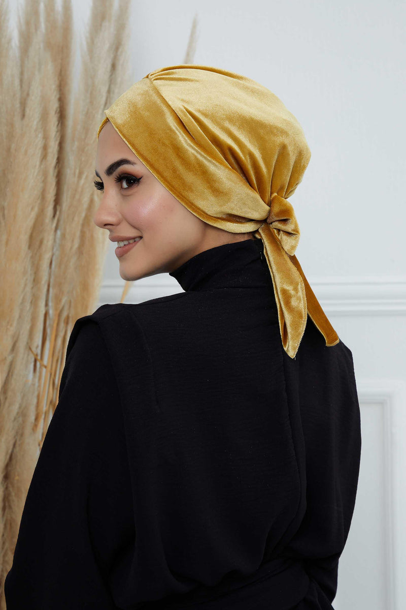 Velvet Instant Turban Cap with Long Tails at the Back Side, Lightweight Turban Head Cover for Women, Velvet Chemo Headwear Bonnet Cap,B-31K Mustard Yellow