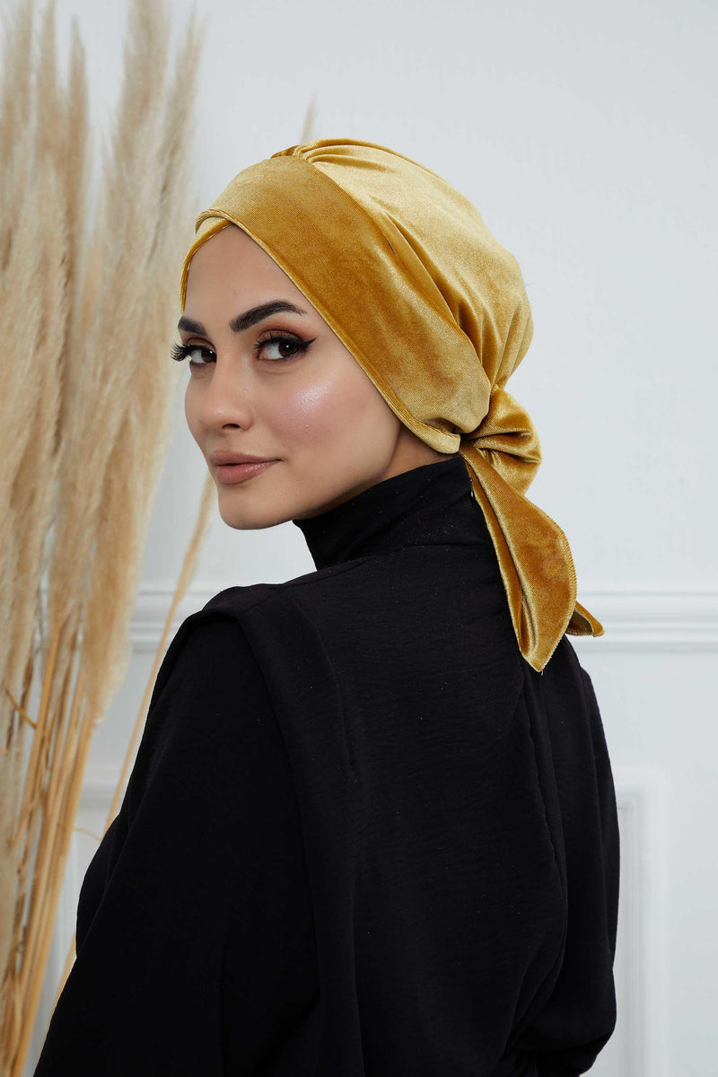 Velvet Instant Turban Cap with Long Tails at the Back Side, Lightweight Turban Head Cover for Women, Velvet Chemo Headwear Bonnet Cap,B-31K Mustard Yellow