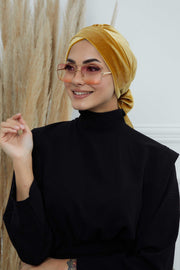 Velvet Instant Turban Cap with Long Tails at the Back Side, Lightweight Turban Head Cover for Women, Velvet Chemo Headwear Bonnet Cap,B-31K Mustard Yellow